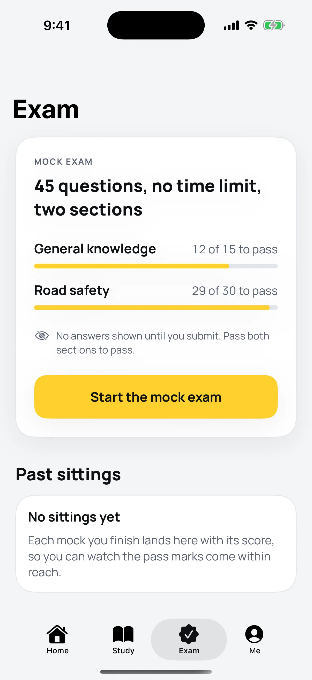 The NSW Learner mock exam screen with both sections and their pass marks