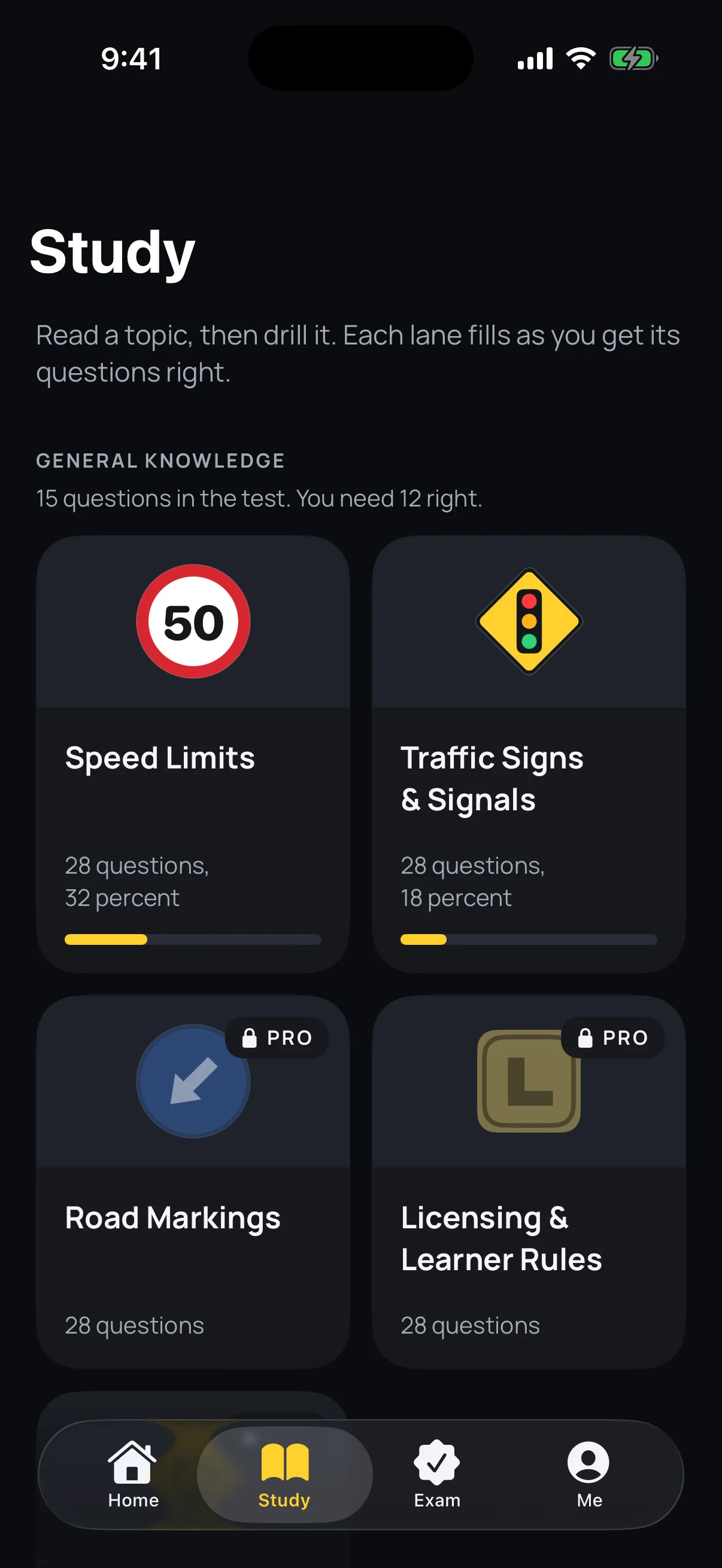 The NSW Learner Study tab with topic tiles, each with its drawn sign and a lane showing progress